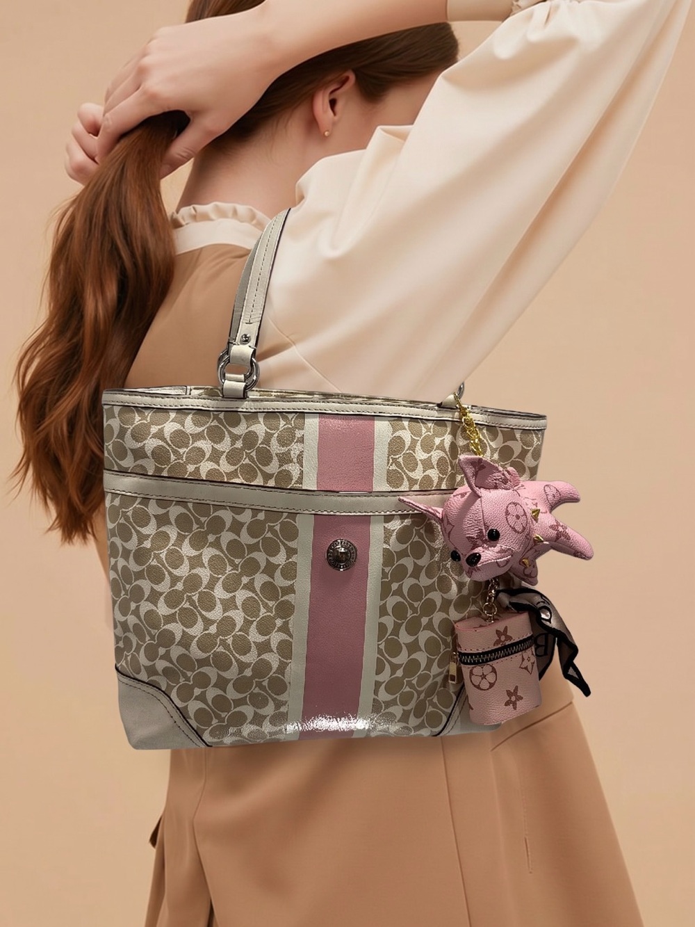 Signature Pattern Tote with Pink Stripe and Charm Accent
